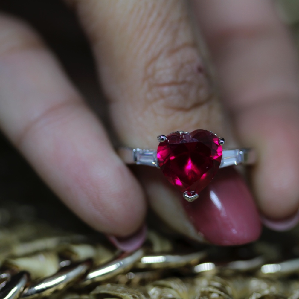 925 14kt Red Heart Topaz Side Baguette Engagement